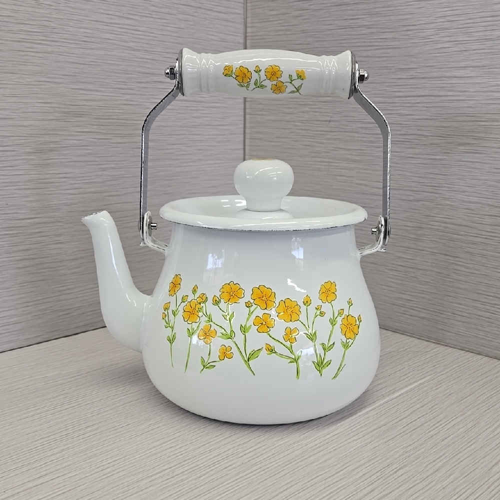 Floral White Teapot with Yellow Accents